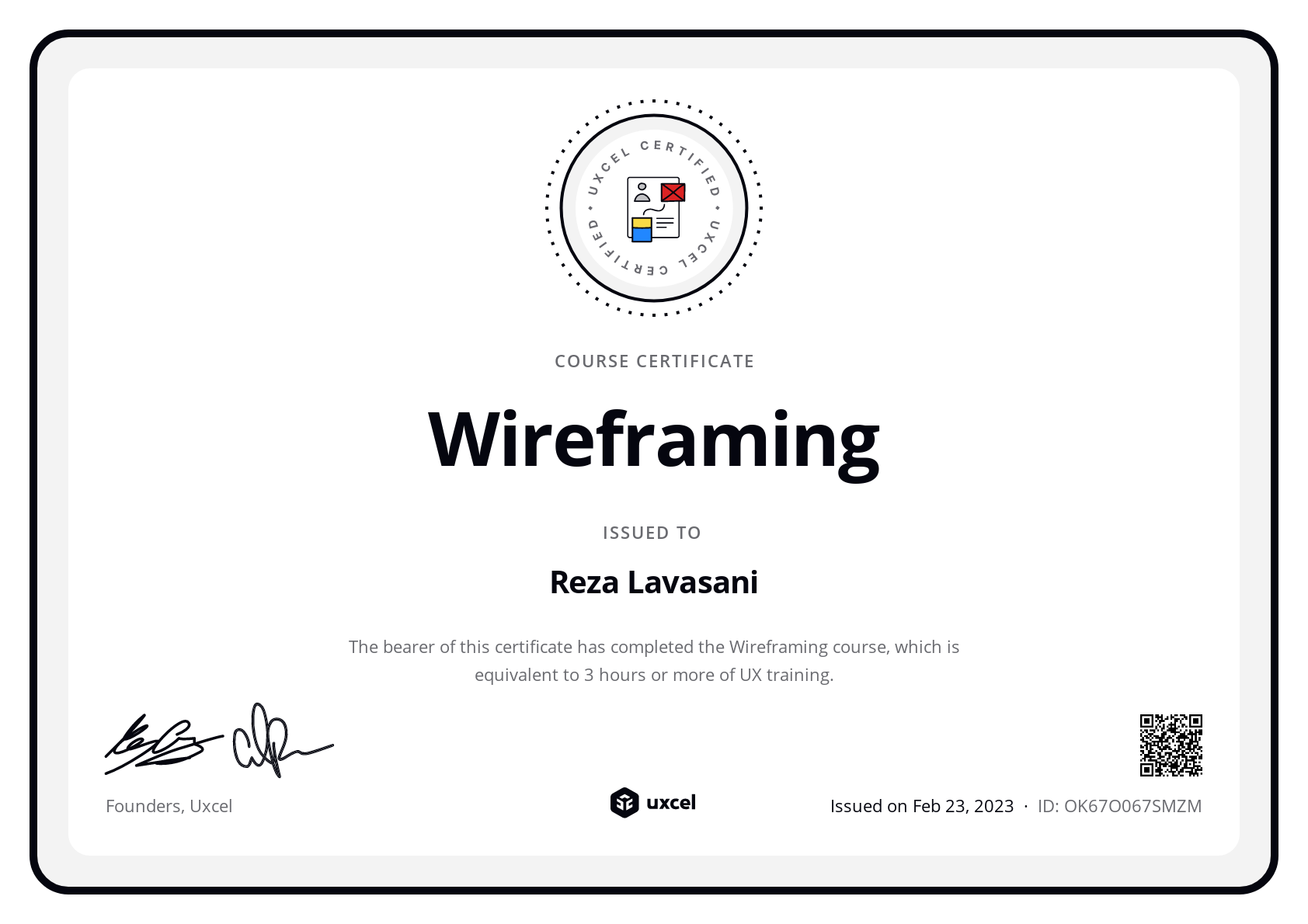 Reza Lavasani's certificate